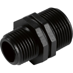 Schwarzer Reduziernippel 26,4 mm (R 3/4) x 21 mm (R 1/2) für Kaltwassersysteme.