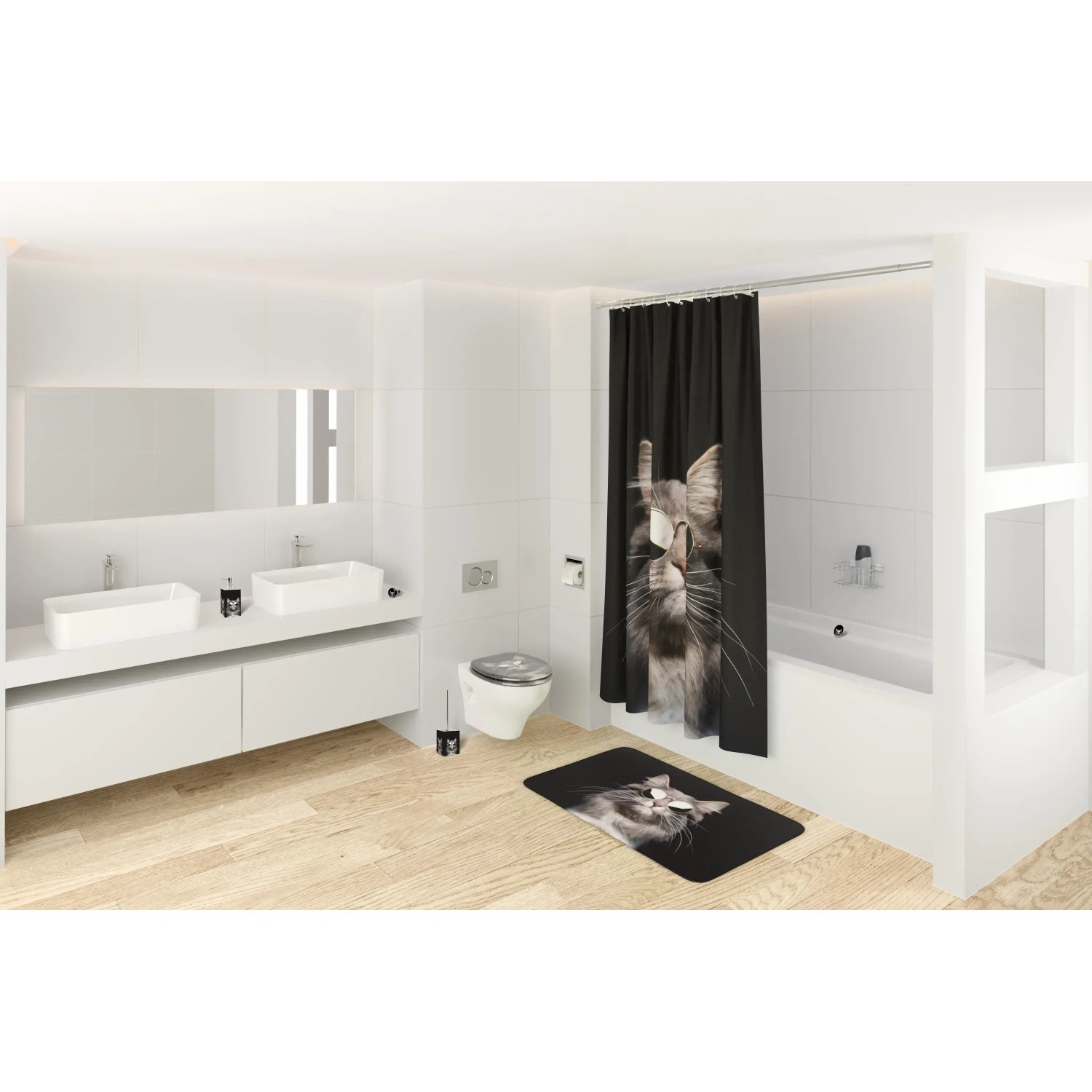 Sanilo WC-Sitz Cool Cat mit Duschvorhang und Badteppich im Badezimmer.