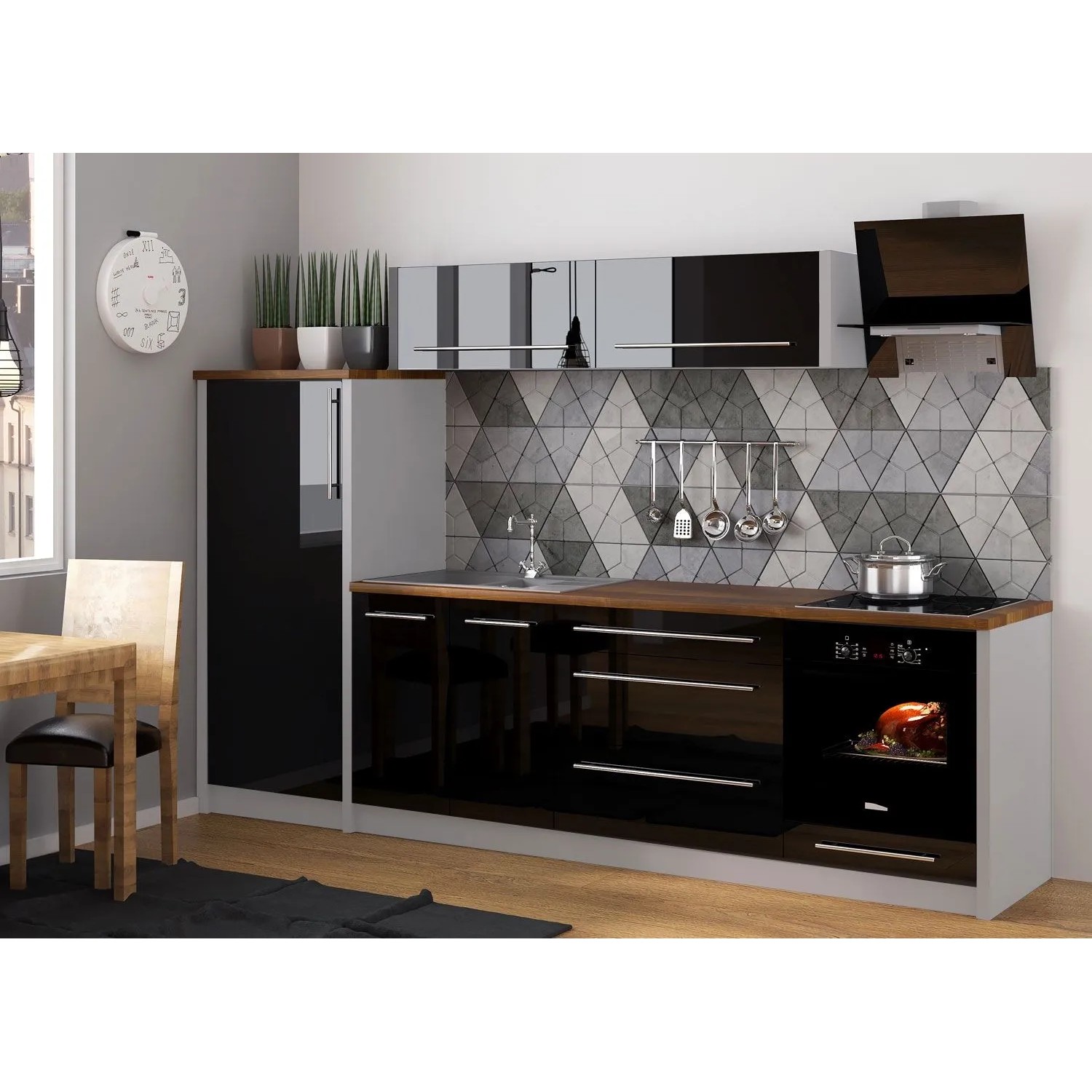 Feldmann-Wohnen Küchenzeile Platinum 6-tlg Grau Matt / Schwarz Hochglanz 280 / 59 / 154cm