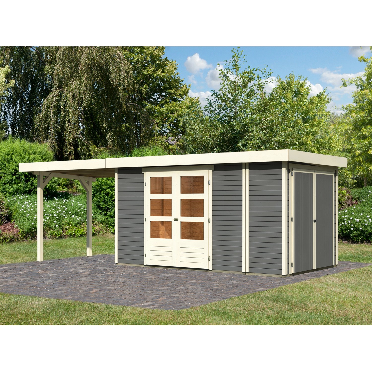 Karibu Gartenhaus Set Retola 5 Terragrau mit Anbaudach 280 cm Breit 6,35 m² günstig online kaufen