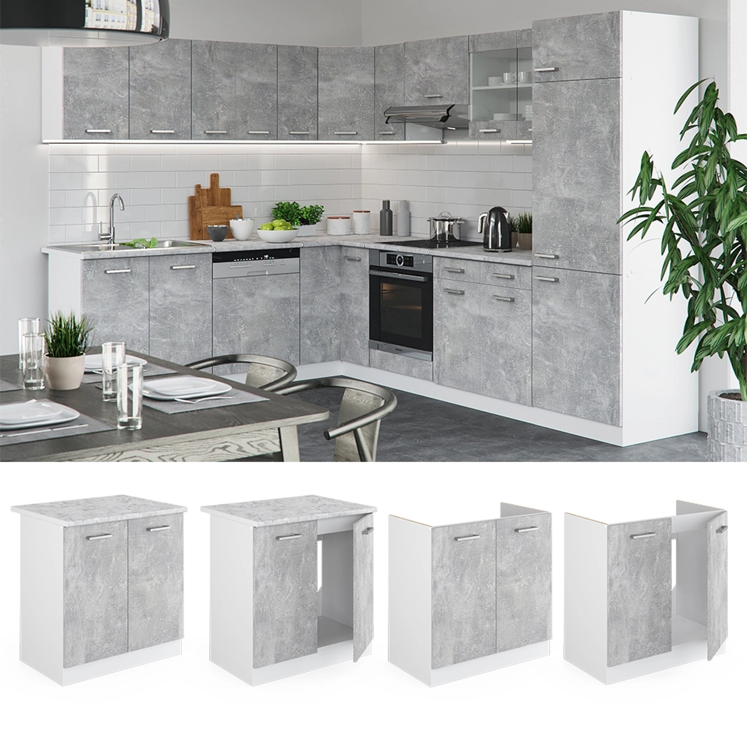 Vicco Spülenunterschrank R-Line, Küchenunterschrank in Beton/Weiß, 80 cm breit.