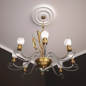 Weiße PROFHOME Deckenrosette aus Polyurethan, 34 cm Durchmesser, als Zierelement unter einer Deckenlampe.