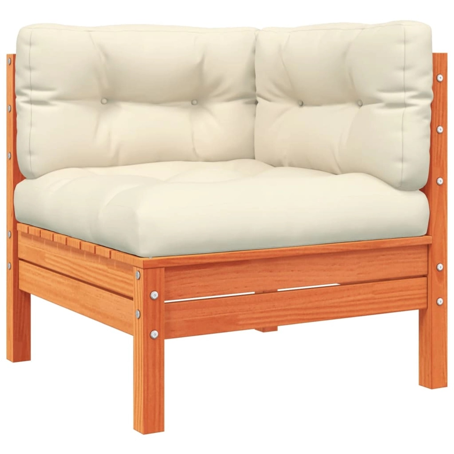 Gartenmöbel: Wachsbraunes Eckteil der vidaXL Sofagarnitur mit cremeweißen Kissen.