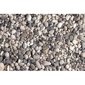 Grau-beige Flusskiesel, 8-16 mm, als Zierkies für Garten und Landschaftsbau.