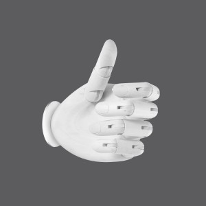 Weiße Just Light Wandleuchte in Handform mit Daumen hoch, Retro Design.