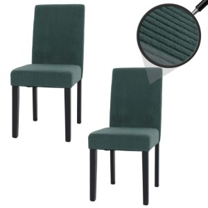 Zwei grüne Esszimmerstühle im 2er-Set mit Cordbezug und dunklen Holzbeinen. Nahaufnahme des Cordstoffs.