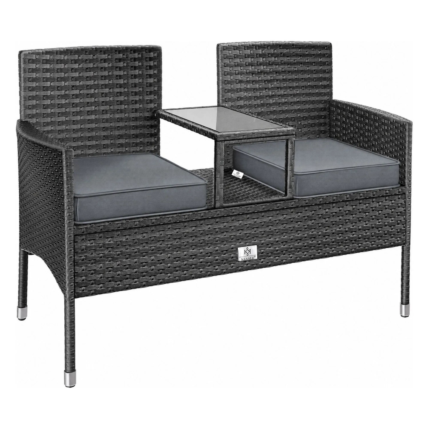 KESSER Polyrattan Gartenbank 2-Sitzer Rattanbank mit Tisch Anthrazit
