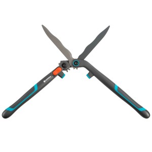 Gardena EnergyCut 2in1 Hand-Heckenschere mit grauen Klingen und blau-schwarzen Griffen.