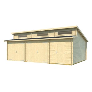 Lasita Garage Hawaii Set aus unbehandeltem Holz mit Holztoren und Fenstern.