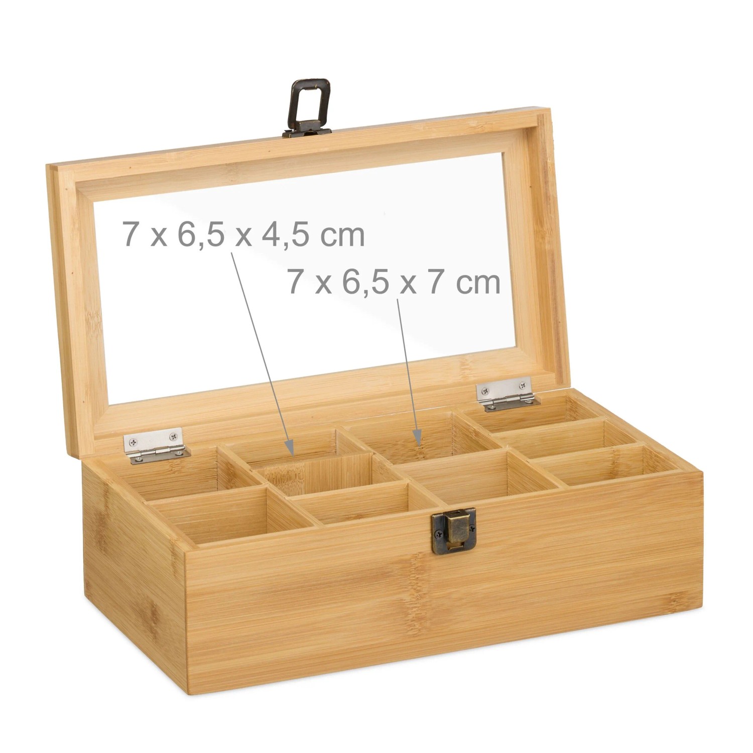 Relaxdays Teebox Bambus Kunststoff Metall Natur Staubgeschützt Herausnehmbar 10 Fächer mit Sichtfenster 10 cm x 29,5 cm x 17 cm 1 kg_5