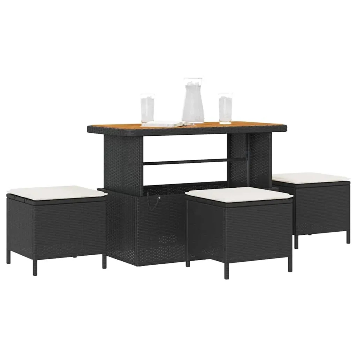 Schwarze 4-teilige vidaXL Garten Essgruppe aus Poly Rattan mit Tisch und Hockern.