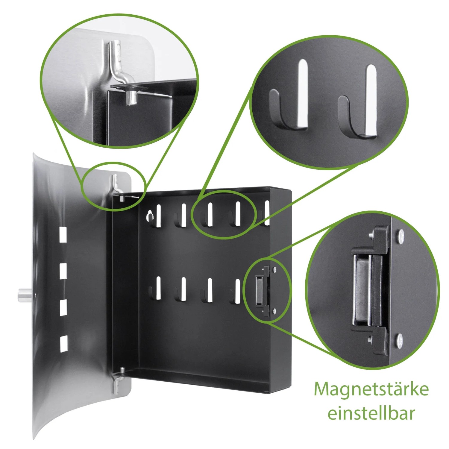 Offener Banjado Design Schlüsselkasten aus Edelstahl mit 10 Haken und Magnetverschluss.