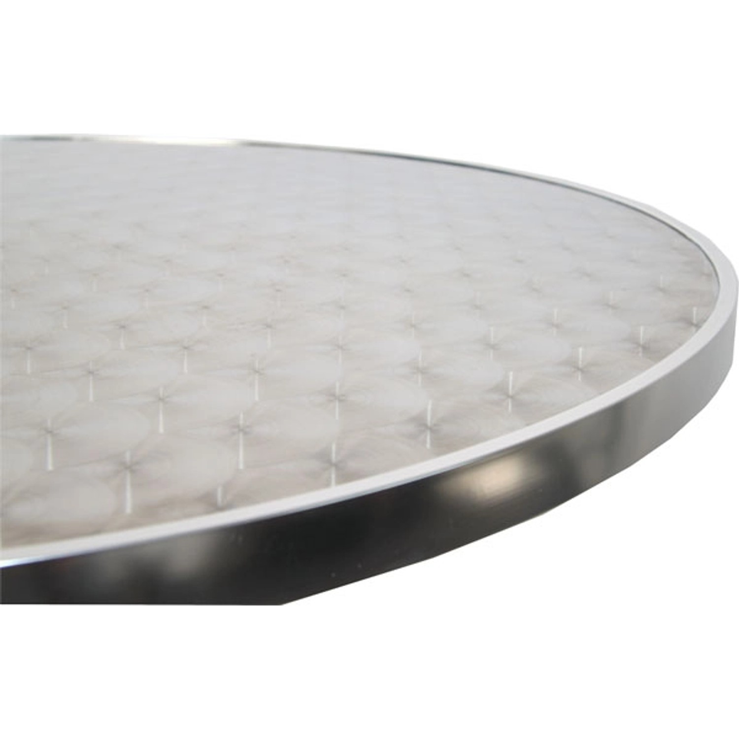 Detailaufnahme: Runde Tischplatte des Stehtischs mit Edelstahl-Oberfläche.