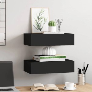 Zwei schwarze Wandregale mit Schubladen (40x23,5x10 cm) aus MDF. Regale zur Wandmontage.