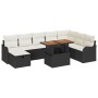 Schwarzes 9-teiliges vidaXL Garten-Sofa-Set aus Poly Rattan mit Tisch und Kissen.