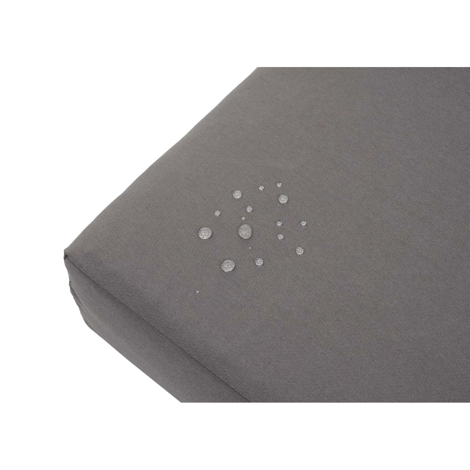 Detailaufnahme: Dunkelgraues Kissen der MCW Poly-Rattan Sitzbank G16 mit Wassertropfen.