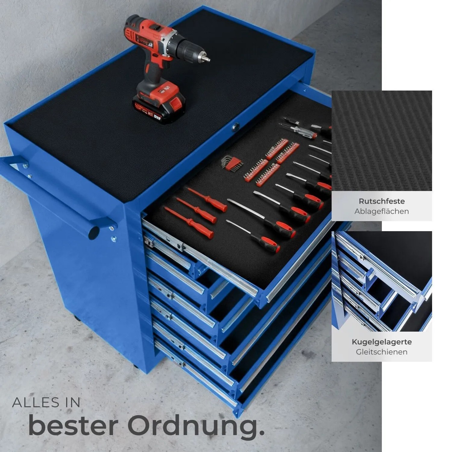 Blauer Tectake Werkzeugwagen mit sieben Schubladen, Werkzeug und Akku-Bohrschrauber.