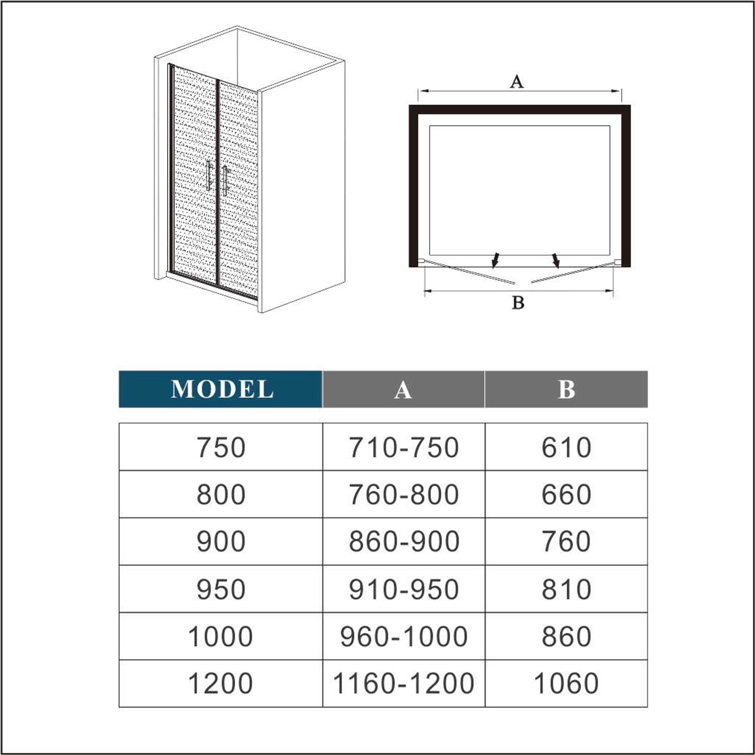 Skizze einer AICA Doppeltür 80x195cm Milchglas Dusche mit Maßen und Tabelle.