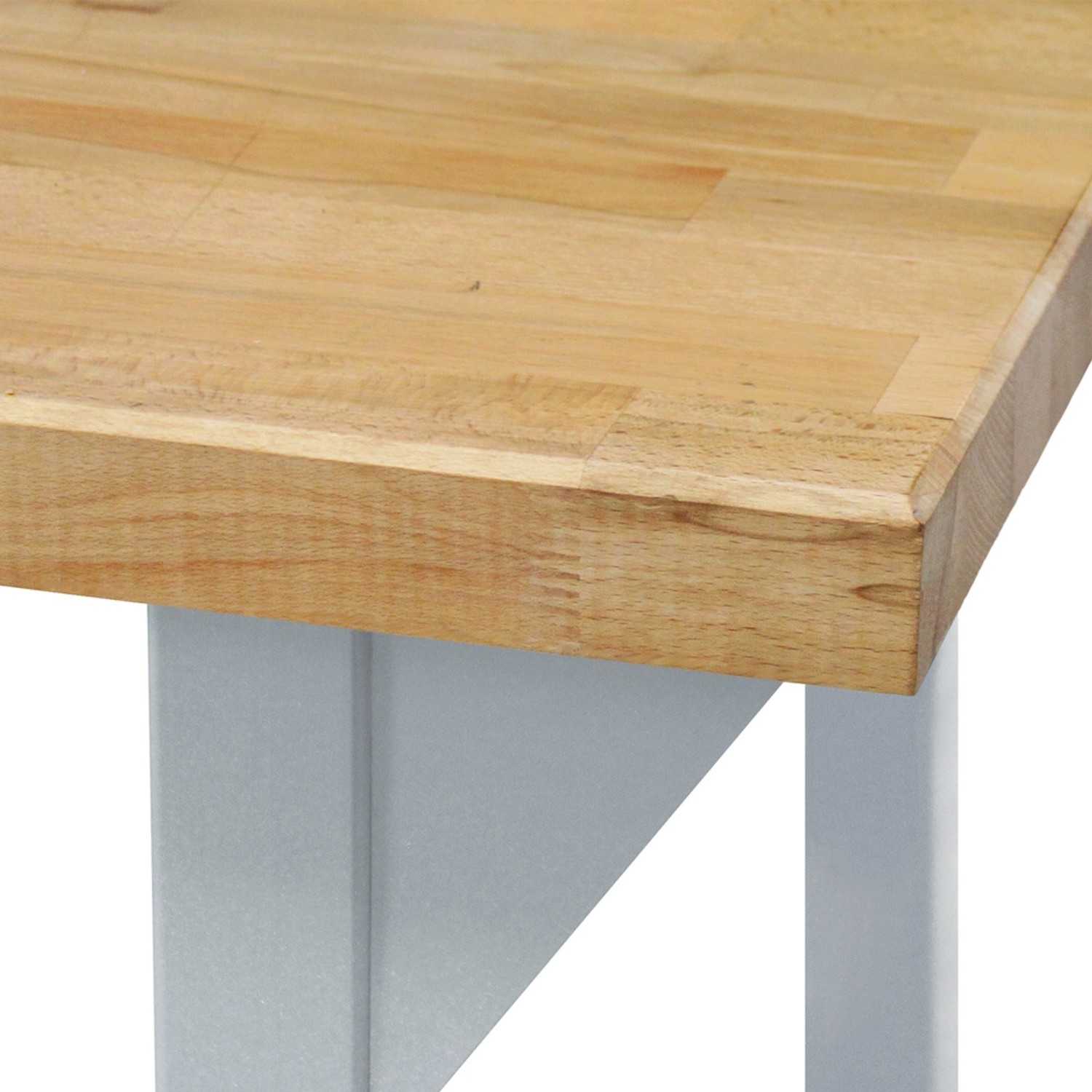 Detailansicht: PROREGAL Werkbank Giant Rhino Plus mit Buchenholzplatte und lichtgrauem Gestell.