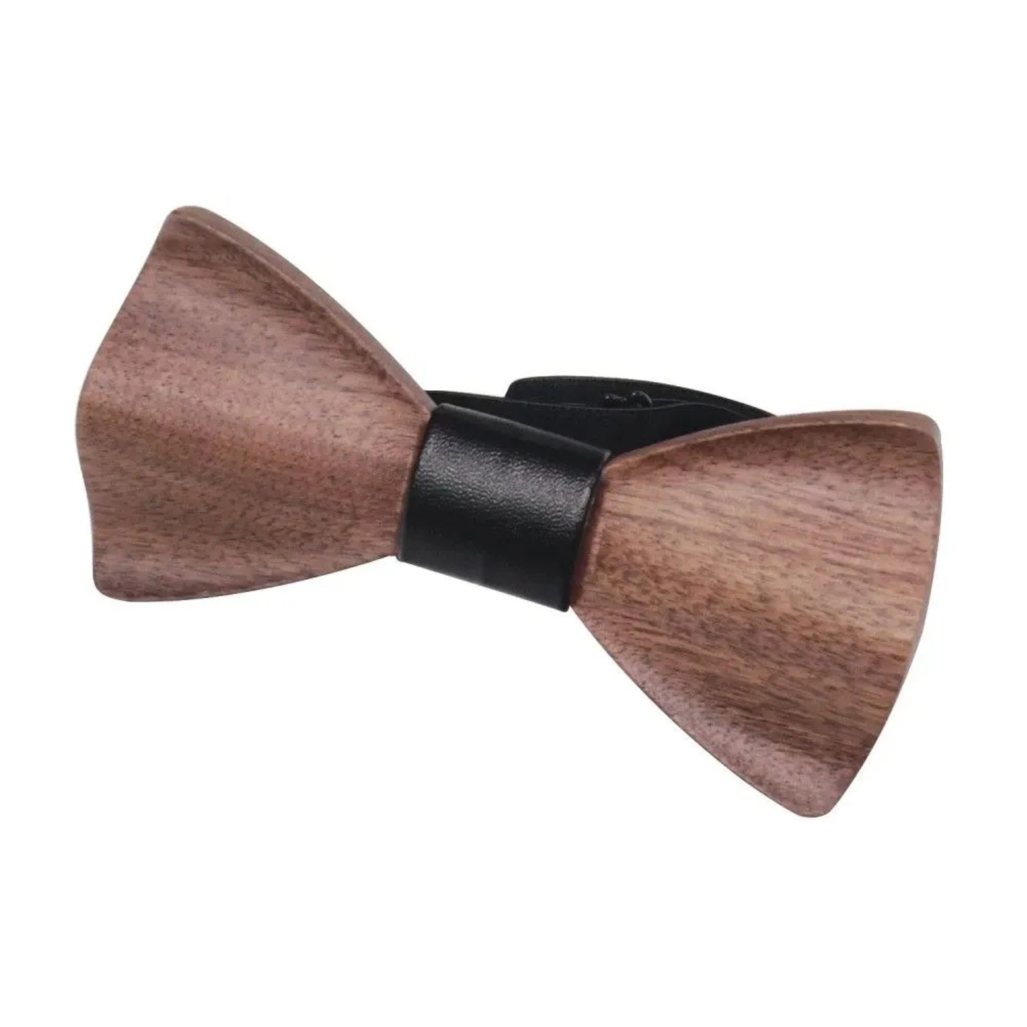 Elegante Holzfliege aus Walnussholz mit schwarzem Kunstleder-Mittelstück für Herren. Handgefertigtes Accessoire.