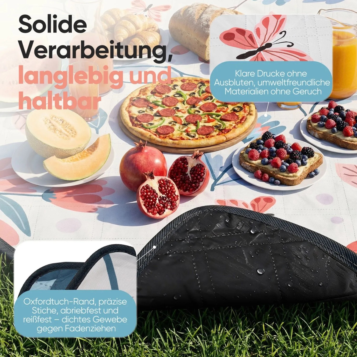 Sekey Picknickdecke, 200x200cm, mit Blumenmuster und Speisen, ideal für Camping und Outdoor.