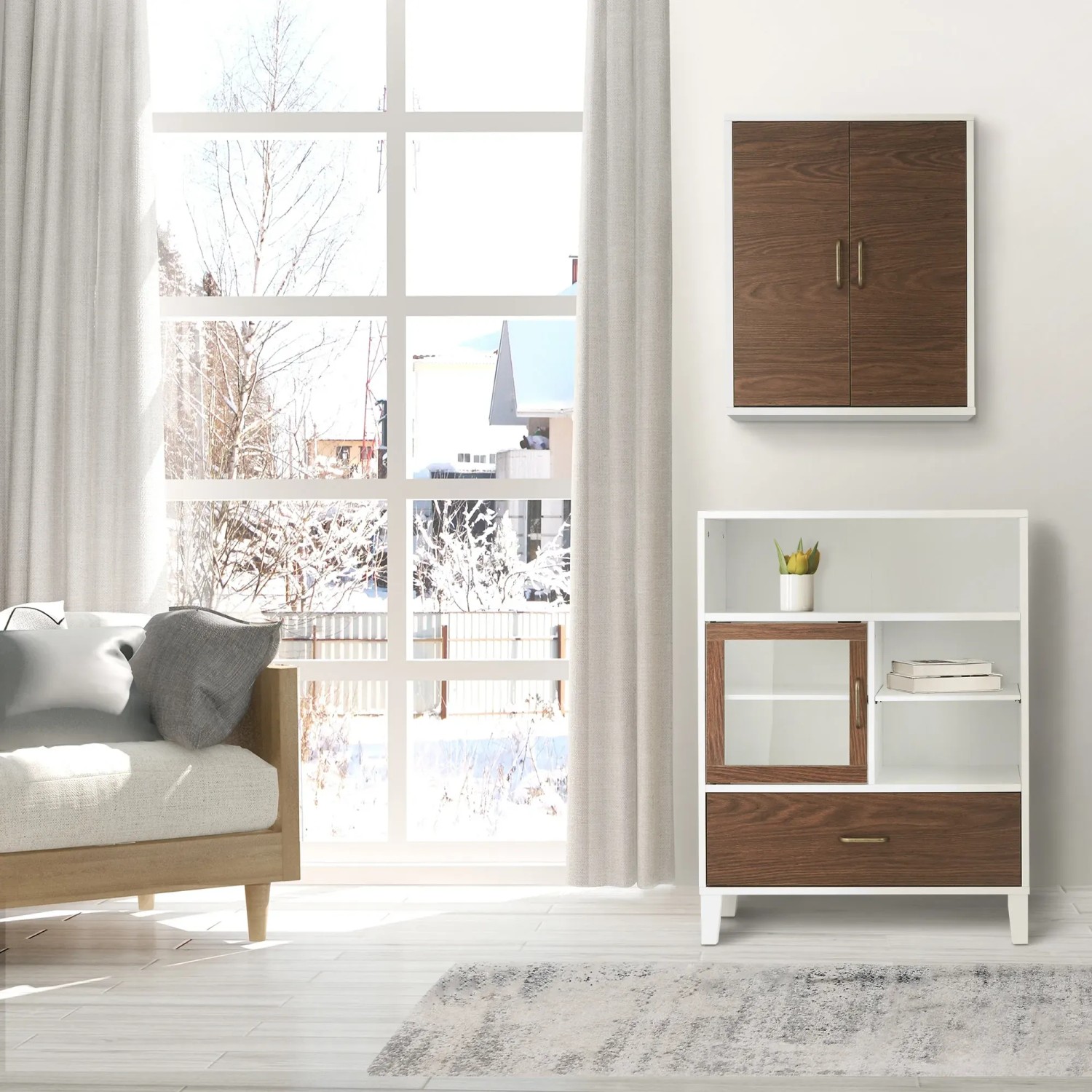 Teamson Home Tyler Badmöbel-Set: Schrank mit Schubladen, Regalen und Hängeschrank in Weiß und Holzoptik.