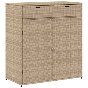 Beiger VidaXL Gartenschrank aus Poly Rattan mit zwei Türen und Schubladen. Universalbox für Gartenbedarf.
