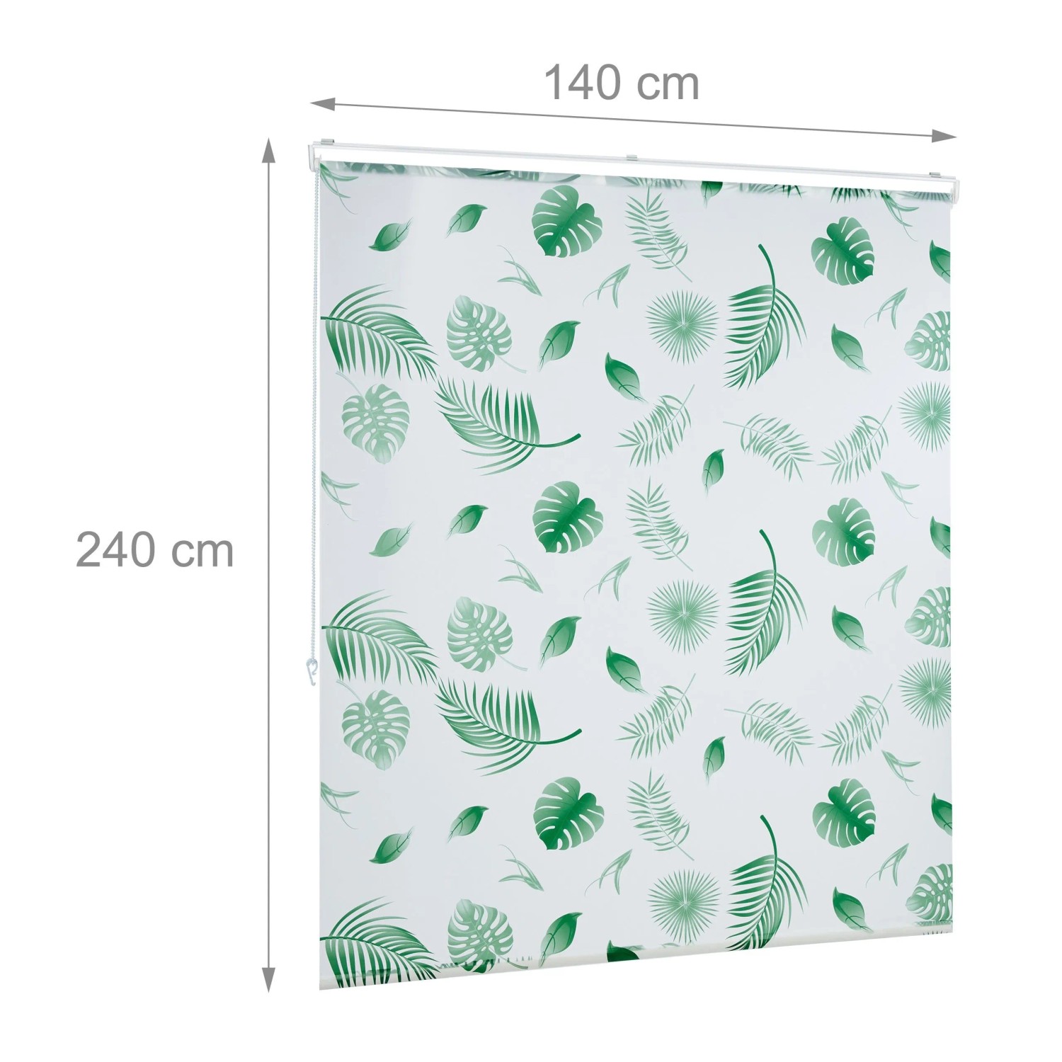 Relaxdays Duschrollo, 140x240 cm, weiß mit grünem Blätterdesign, wasserabweisend.