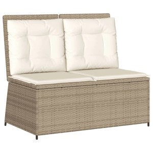 Beige, verstellbare furnicato Gartenbank aus Polyrattan mit Kissen.