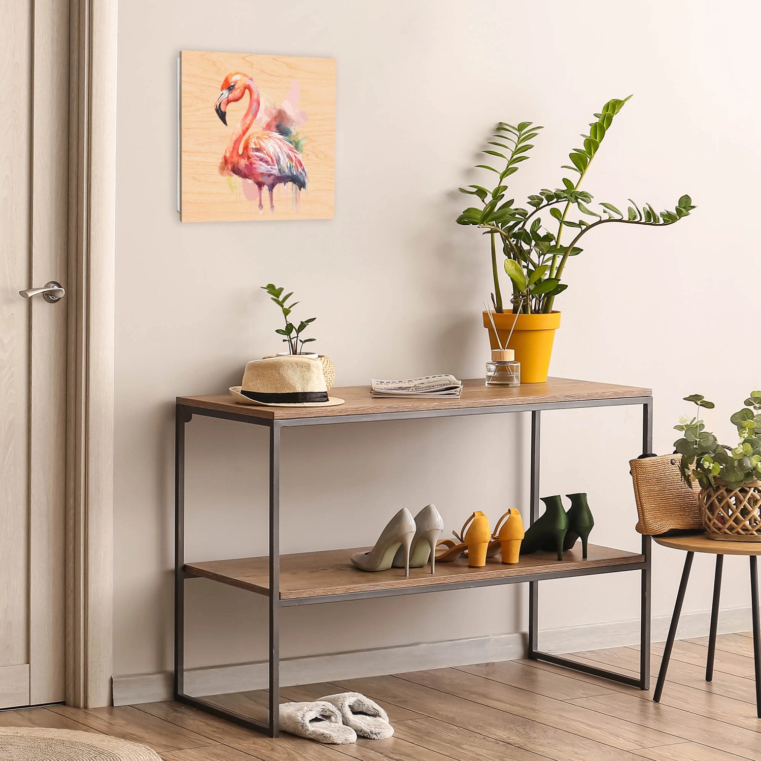 Banjado Schlüsselbox mit Aquarell-Flamingo Motiv, 30x30cm, für 50 Schlüssel, weiße Schlüsselkasten aus Holz.