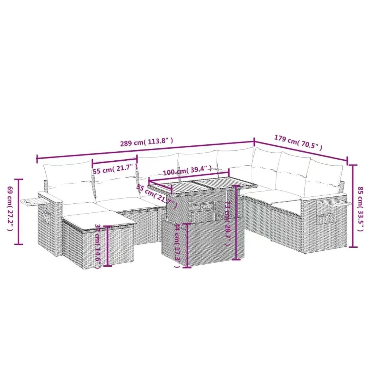 Graue 9-teilige Garten-Sofagarnitur vidaXL aus Polyrattan mit Kissen und Tisch mit verstellbarer Höhe.
