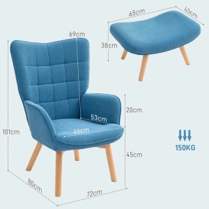 Blauer Cord Ohrensessel mit Hocker, Holzbeine, seitliche Maßangaben.