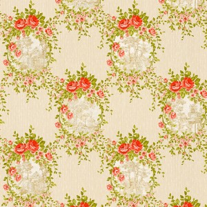 Tadessi Vliestapete Florentin mit Blumenmuster in Rot und Grün auf beigem Grund.