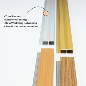 Dalsys Alu Übergangsprofil in Silber und Gold. Zeigt H-Profil zur Verbindung von Laminat & Parkett. Einfache Montage.