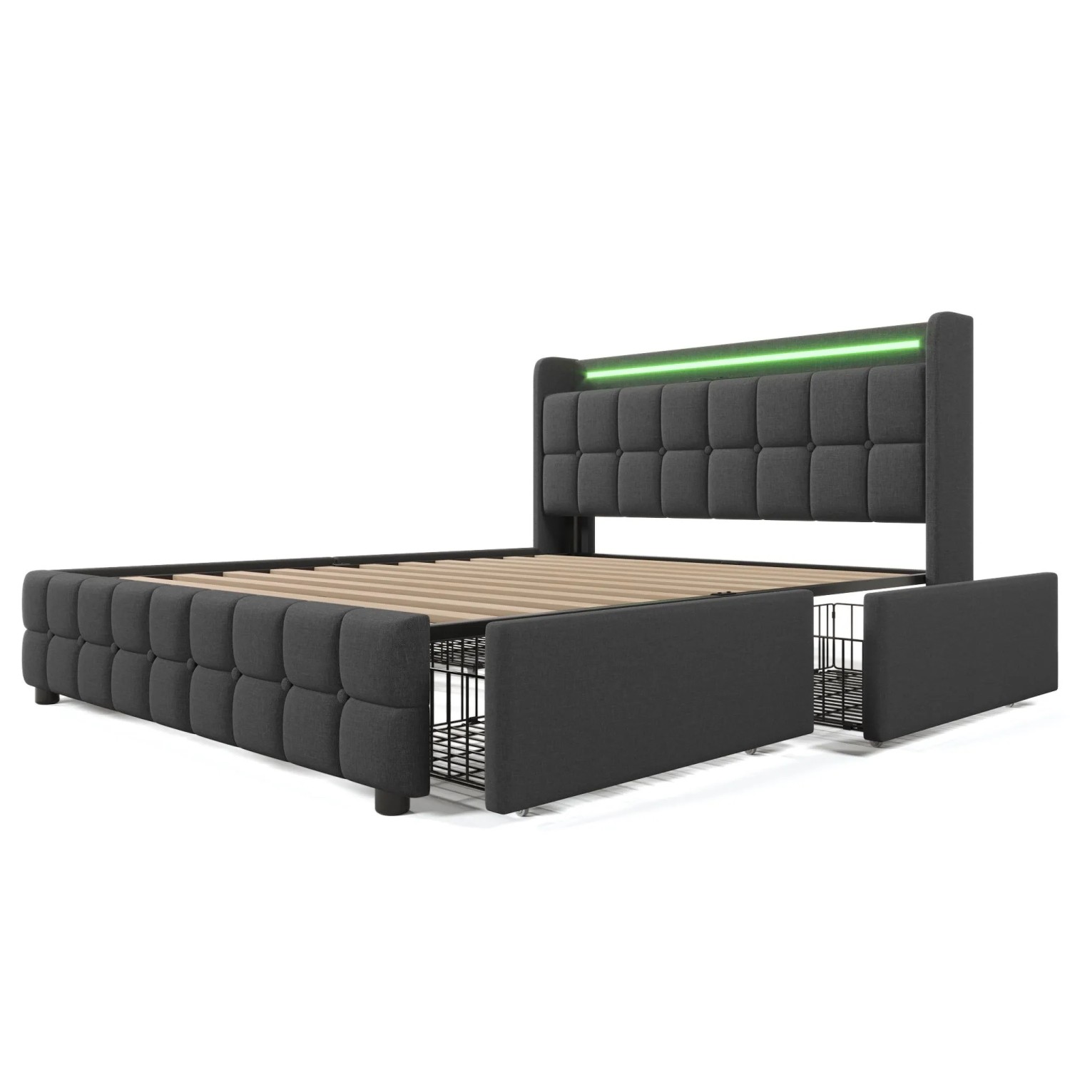 okwish Polsterbett 140 x 200 cm mit LED Licht Schubladen USB Grau ohne Matratze