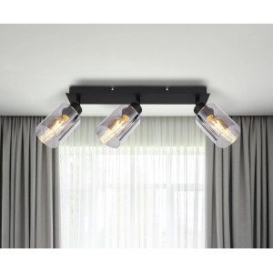 Globo Hadera Strahler, 3-flammig, schwarz matt mit Rauchglas-Schirmen. Moderner Spot für E27 Leuchtmittel.