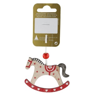 Deko-Holzhänger: Schaukelpferd in Natur und Rot, 7x5 cm, Weihnachtsbaumschmuck.