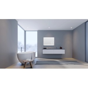 DSK Design LED-Lichtspiegel Silver Conde, 80x60 cm im modernen Badezimmer mit Badewanne und Waschtisch.