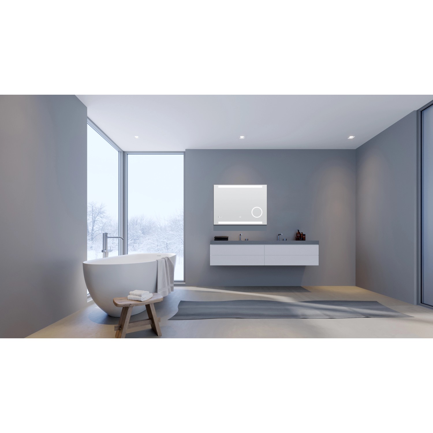 DSK Design LED-Lichtspiegel Silver Conde, 80x60 cm im modernen Badezimmer mit Badewanne und Waschtisch.