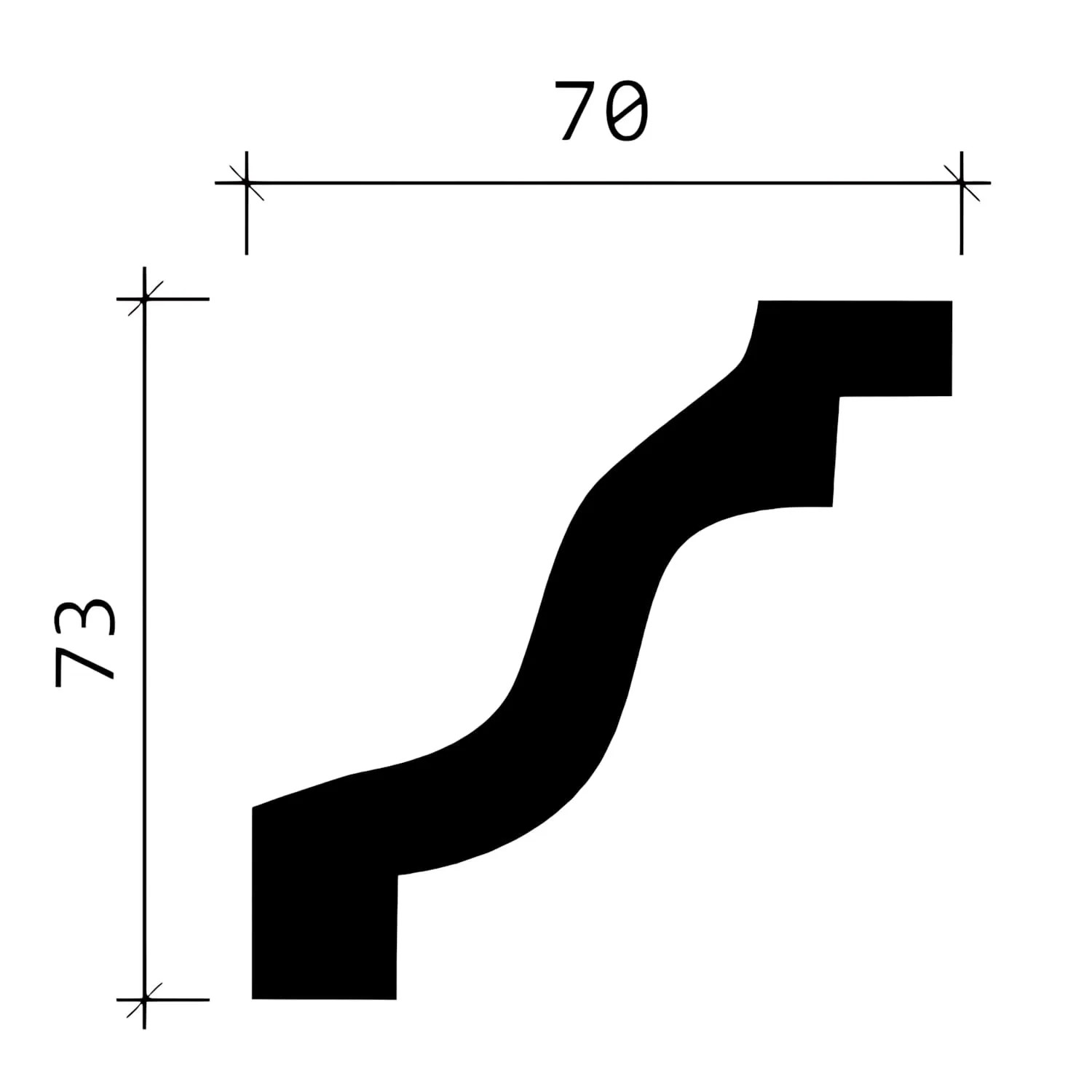 Detailzeichnung der weißen PROFHOME Eckleiste (70x73mm) aus Polyurethan, Set mit 16 Stuckleisten.