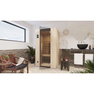 Weka Infrarotkabine Tanilla 1 mit Linienstrahler im modernen Badezimmer.