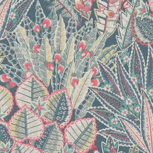 Blau-grüne Blumen Tapete mit floralem Muster, matte Optik. Dekorative Vliestapete.