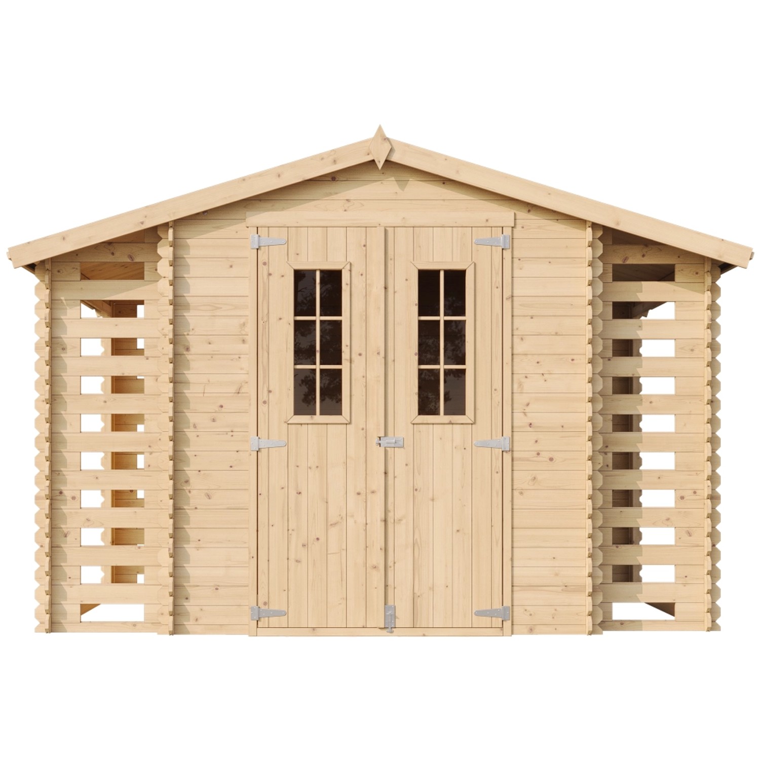 Timbela Holz-Gartenhaus mit Brennholzregalen, beige-braun, 5,47 m² Nutzfläche.