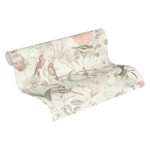 PROFHOME Vliestapete mit Blumenmuster in Grau, Rosa und Orange. Florale Dekorative Tapete.