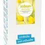 Sodasan Flüssigseife Citrus-Olive 5L Bag-In-Box. Weiße Nachfüllpackung für Hand- und Körperreinigung mit gelben Blumen.