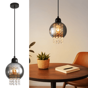 Moderne NETTLIFE Pendelleuchte mit rauchgrauem Glaskugel-Schirm und funkelnden Kristallanhängern, E27-Fassung.