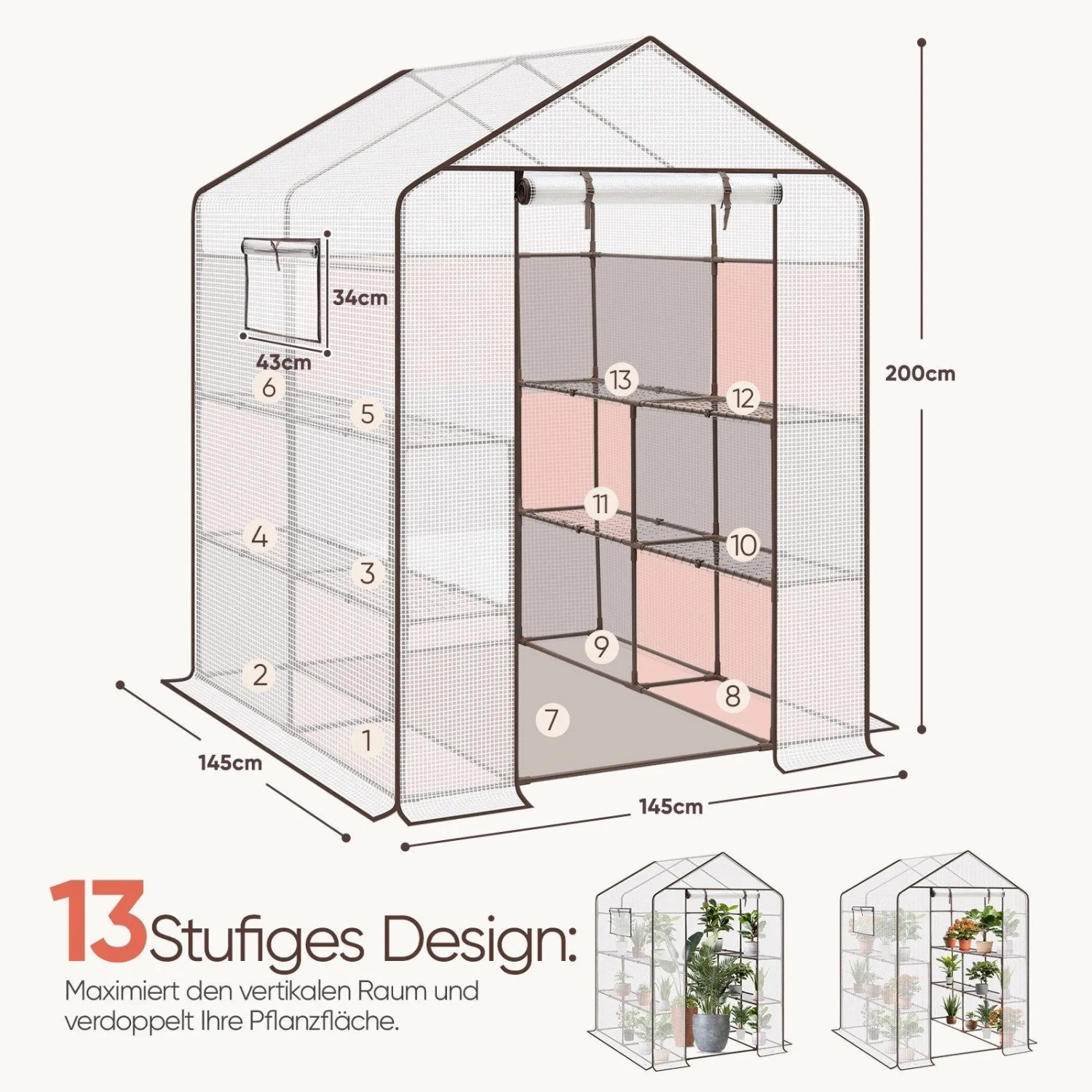 Begehbares Foliengewächshaus 145x145x200cm mit 8 Regalebenen, Tür und Fenster. Ideal für Pflanzen und Gemüse im Garten.