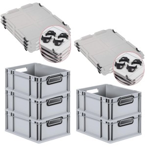 PROREGAL SparSet: 5 graue Euroboxen mit schwarzen Griffen und Auflagedeckel. Stapelbare Aufbewahrungsboxen.