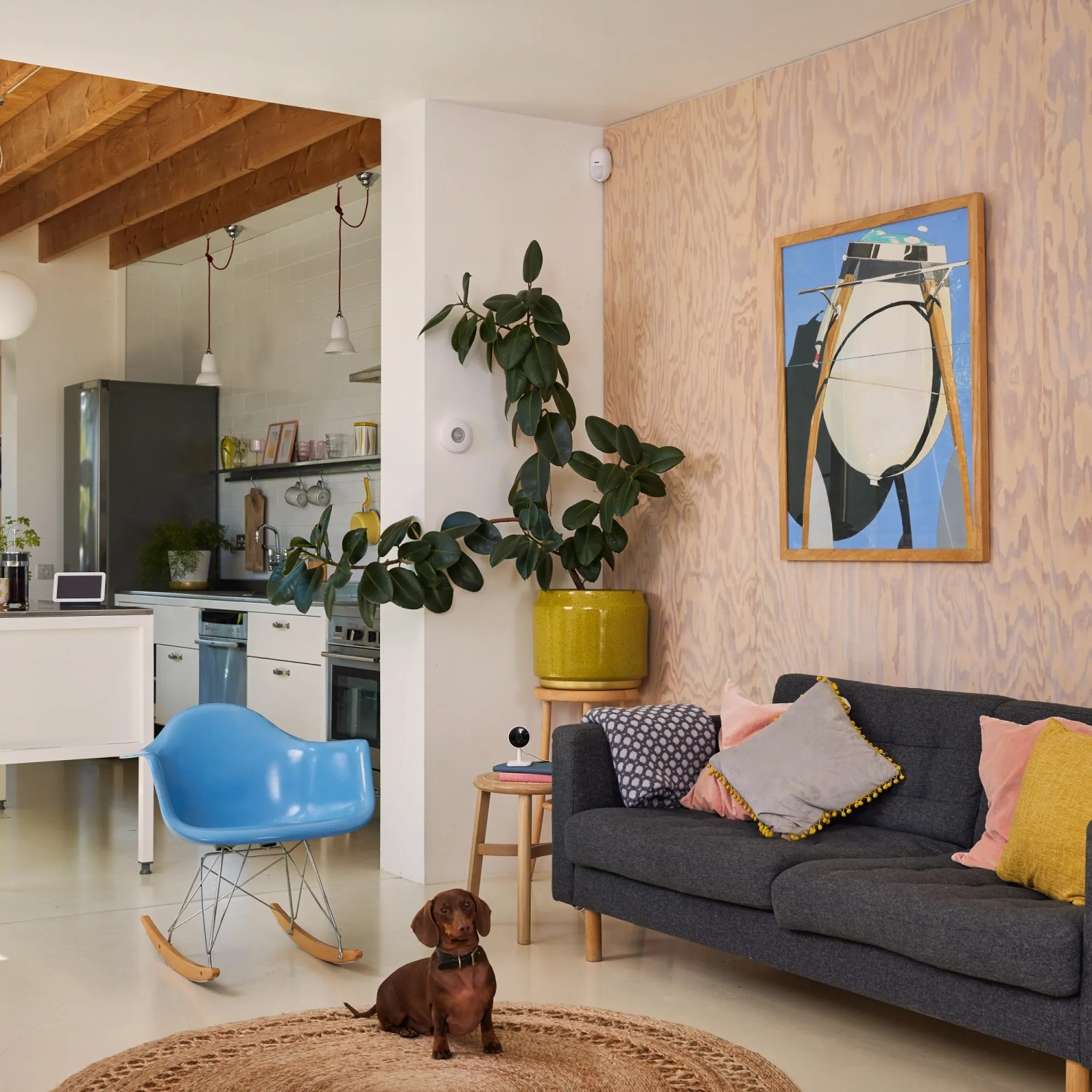 Yale Bewegungsmelder Smart Alarm in Weiß im Wohnraum mit Hund und Sofa.