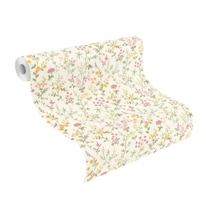 Rasch SK-Tapete Tesa 370317 mit Blumenmuster in Weiß, Gelb und Rosa, Rollenansicht.